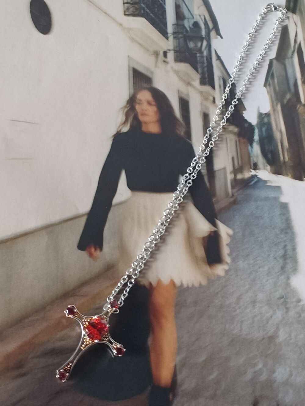 Vintage 925 Sterling Silver Cross Necklace Red Gemstone ✨️